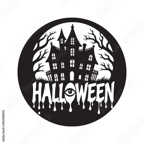Halloween pumpkin icon with spooky haunted house moon bats and autumn night design cartoon style