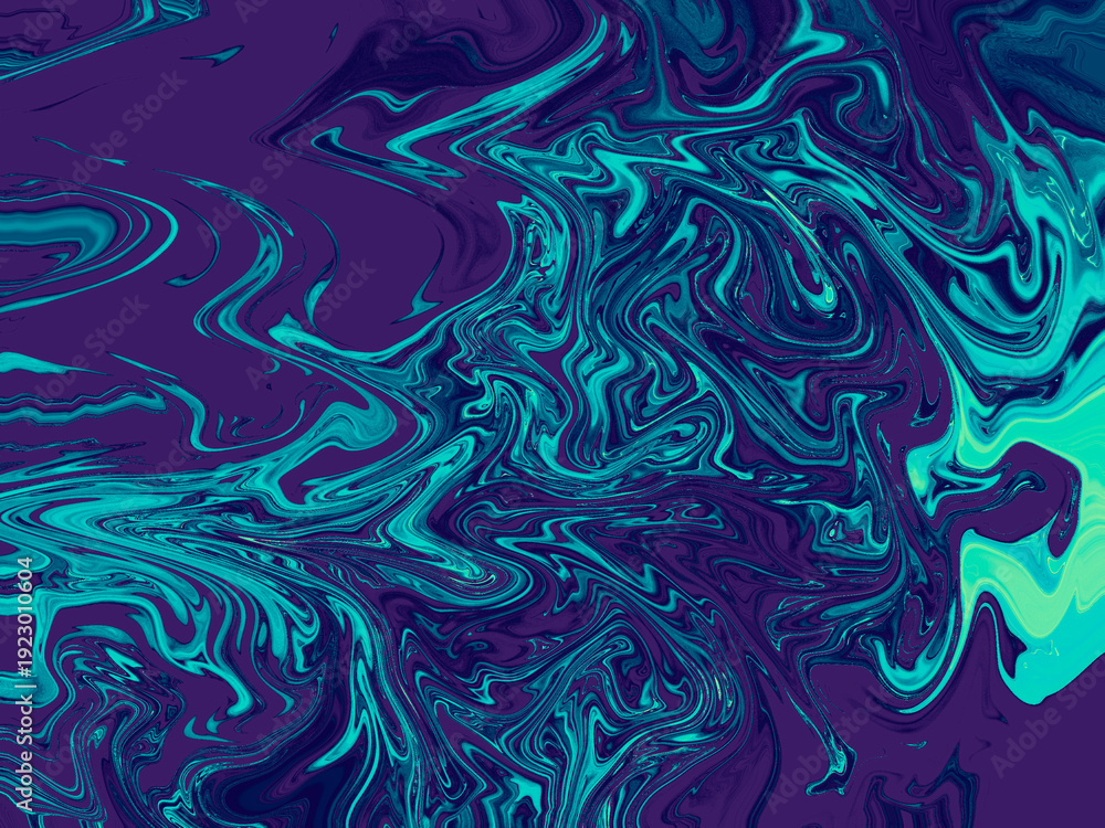 Fototapeta premium Abstract background of turquoise liquid paint on a dark purple surface. Modern fluid art texture. Vibrant swirling pattern wallpaper