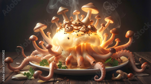 Steaming gourmet dish featuring mushrooms growing from octopus tentacles on white plate. Surreal culinary presentation of seafood and fungi fusion.