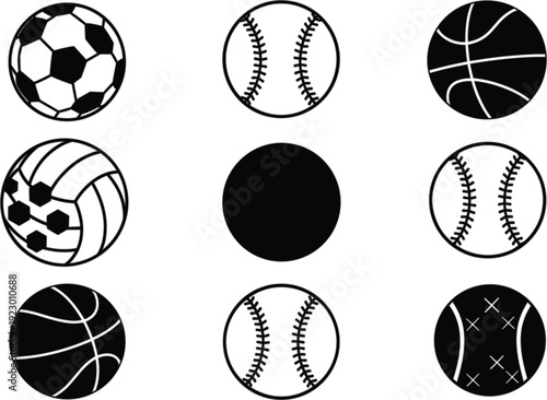 Set Of Various Sports Ball Icons Including Soccer, Basketball, Baseball, And Others For Athletic Themed Graphic Designs.
