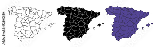 A set of  maps of Spain with prefecture boundaries in three styles.