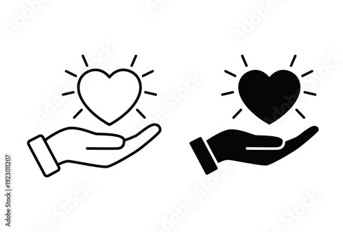 Hand holding heart icons Stroke and solid pictogram. Love, donation, help and healthcare concpt icons set. Vector
