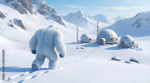 Yeti walking toward dome-shaped research station in snowy mountain landscape. Low angle view of large furry creature leaving footprints in deep snow while approaching remote base.