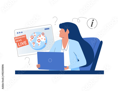 Professional female news anchor sitting at a modern studio desk with news-related speech bubbles and TV screen