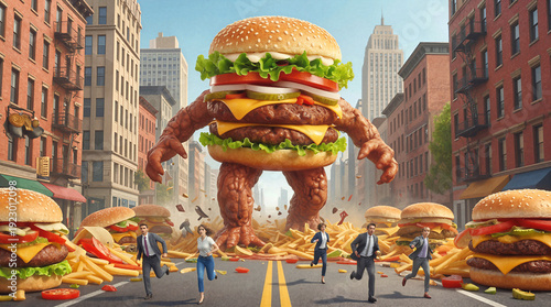 Giant cheeseburger monster chasing office workers through city street. Surreal food attack with french fries scattered on road and business people running for safety.