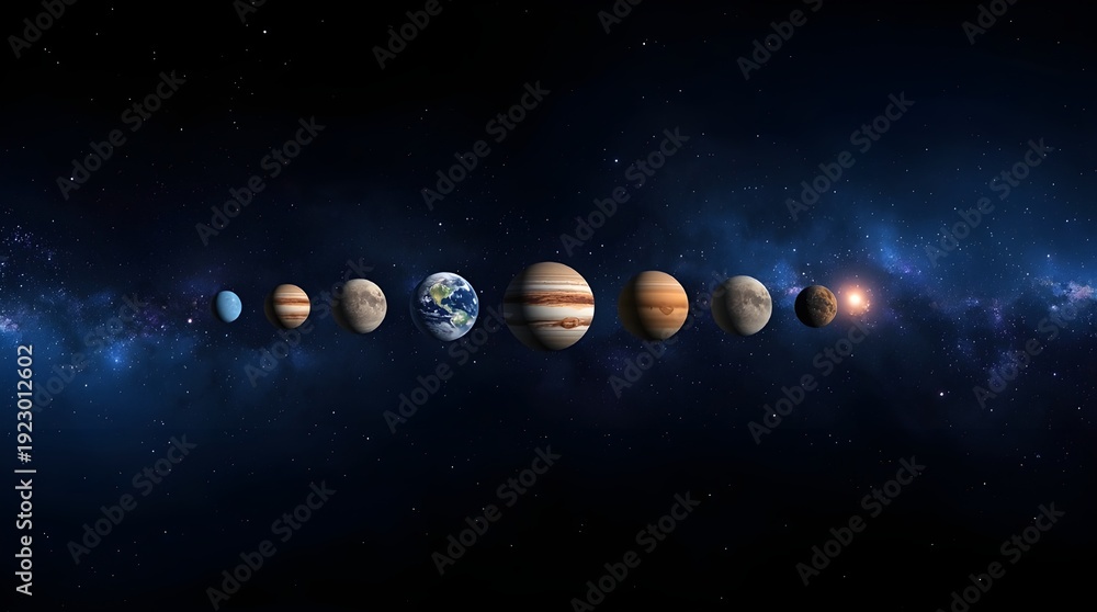 Fototapeta premium A stunning 3D visualization depicts the rare cosmic event of six planets aligning side by side in the night sky.