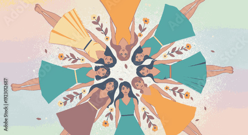 Diverse women in colorful dresses forming a circle with arms outstretched in unity and harmony outdoors