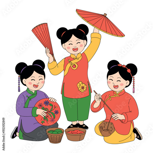 Three smiling Asian girls in traditional clothing playing with Chinese fans and musical instruments