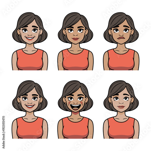 A cartoon woman with various facial expressions