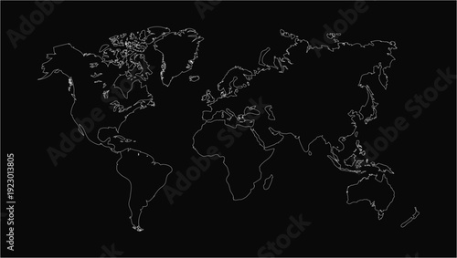 Dark Minimal World Map Outline on Black Background