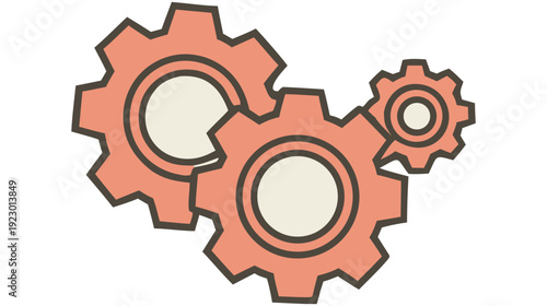 Three orange cogwheels vector illustration. Interlocking gears in flat cartoon style representing settings, process, and teamwork.