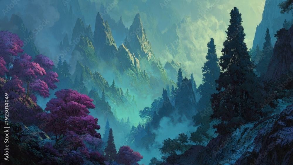 Fototapeta premium Mountains and forests in blue mist