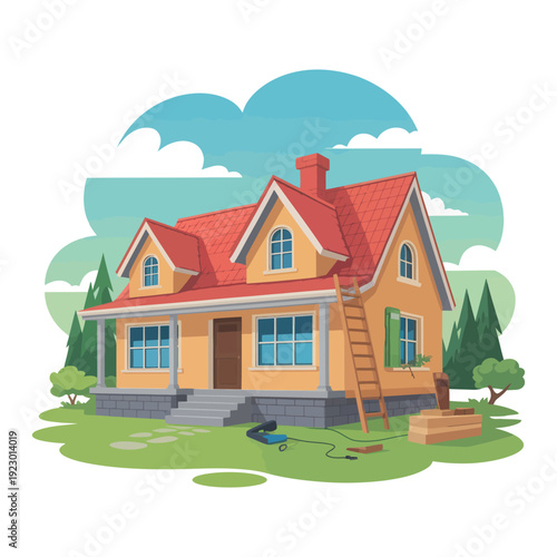 A cartoon house with a red roof and a ladder leaning against it in a green yard