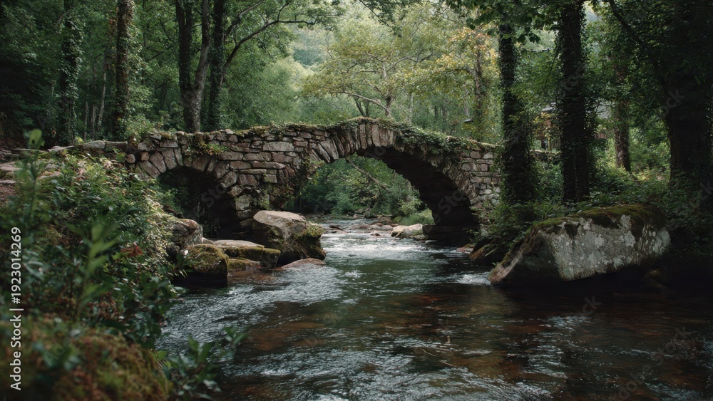 Naklejka premium Old stone bridge in a forest stream