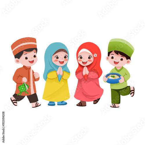 Group of Cute Muslim Kids Celebrating Eid al-Fitr Holding Ketupat