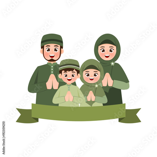 Happy Muslim family with father, mother, and children greeting for Eid al-Fitr celebration illustration