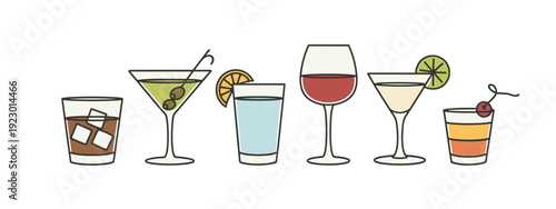 Assortment of Six Hand- Drawn Cocktail Glasses with Garnishes and Ice Cubes drink beverage