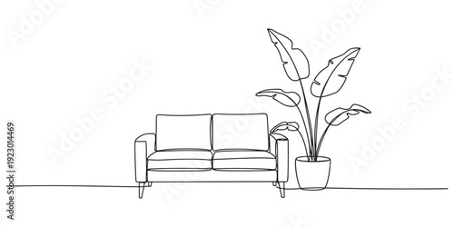 Continuous line drawing of a sofa and a potted plant on a white background couch furniture