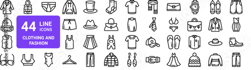 Set of 44 thin line clothing and fashion accessories icons. Apparel, footwear, bags. Vector illustration with stroke outlines