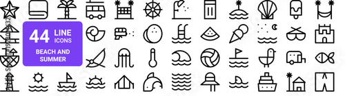 Set of 44 thin line beach and summer vacation icons. Starfish, sunbed, cocktail, palm tree, dolphin and more. Vector illustration with editable stroke