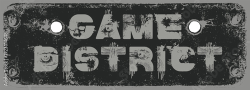 Grunge-style typography poster for a riddled with bullets play area, a banner for a deep-space play area, and a wall mural for a dark playroom. Game district. No AI.