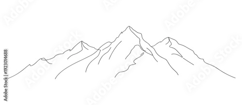 Minimalist Line Art Drawing of Majestic Mountain Peaks on White Background