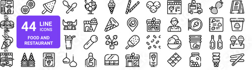 Set of 44 thin line food and restaurant icons. Ice cream, desserts, cups, cones, toppings. Outline vector illustration pack for web and apps