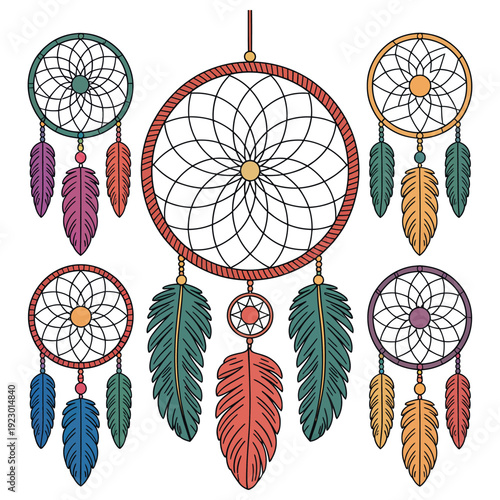 A colorful illustration of multiple dreamcatchers hanging