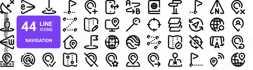 Set of 44 thin line navigation and location web icons. Satellite, compass, map, globe, radar, position, direction. Vector outline stroke illustration pack