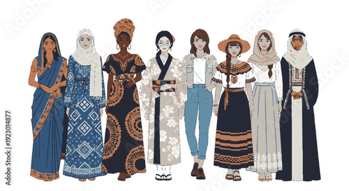 Diverse group of women in traditional and modern clothing standing together in unity and cultural celebration
