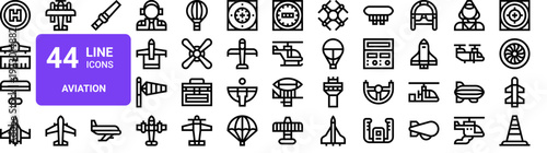 Set of 44 thin line aviation and airport icons. Heliport, runway, ultralight, helicopter, drone, aircraft, flight elements. Vector illustration pack