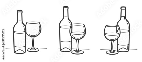 Three Pairs of Wine Bottles and Glasses in Line Art on White Background