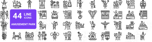 Set of 44 thin line amusement park and circus icons. Outline vector illustration with balloons, clown, rides, attractions, carnival games, food stands