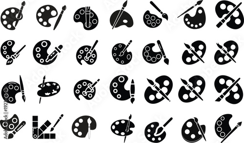 Painting tools icon set, flat brush, artist palette with brush, paint roller tool, fine art paintbrush, isolated vector silhouette. Paint palette and brush icon set in various styles, symbolizing .