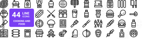 Set of 44 thin line cooking and food icons. Grill, kitchen utensils, ingredients, meat, vegetables, beverages. Vector outline illustration pack