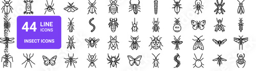 Set of 44 thin line insect icons. Beetle, butterfly, dragonfly, spider, bee, ant, mosquito pack. Outline vector illustration for web