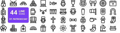 Set of 44 thin line St. Patricks Day icons. Irish symbols, leprechaun, clover, beer, rainbow. Vector outline illustration pack for web design