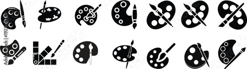 Painting tools icon set, flat brush, artist palette with brush, paint roller tool, fine art paintbrush, isolated vector silhouette. Paint palette and brush icon set in various styles, symbolizing .