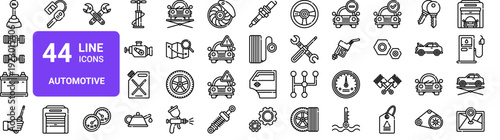 Set of 44 thin line automotive car repair icons. Gearshift, chassis, battery pack, steering wheel, engine parts. Vector illustration
