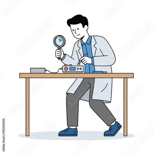 Conceptual illustration of research and development, quality testing, and scientific discovery showing a lab technician analyzing hardware.