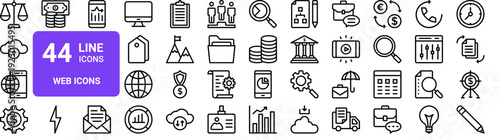Set of 44 thin line web icons including cloud computing, smartphone, scale, target, briefcase, analytics. Modern outline vector illustration pack