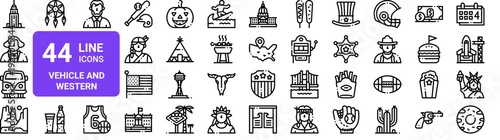 Set of 44 thin line web icons, vehicle and western theme pack. Vector outline symbols including spaceship, cowboy, sheriff, capitol, surfing, baseball elements
