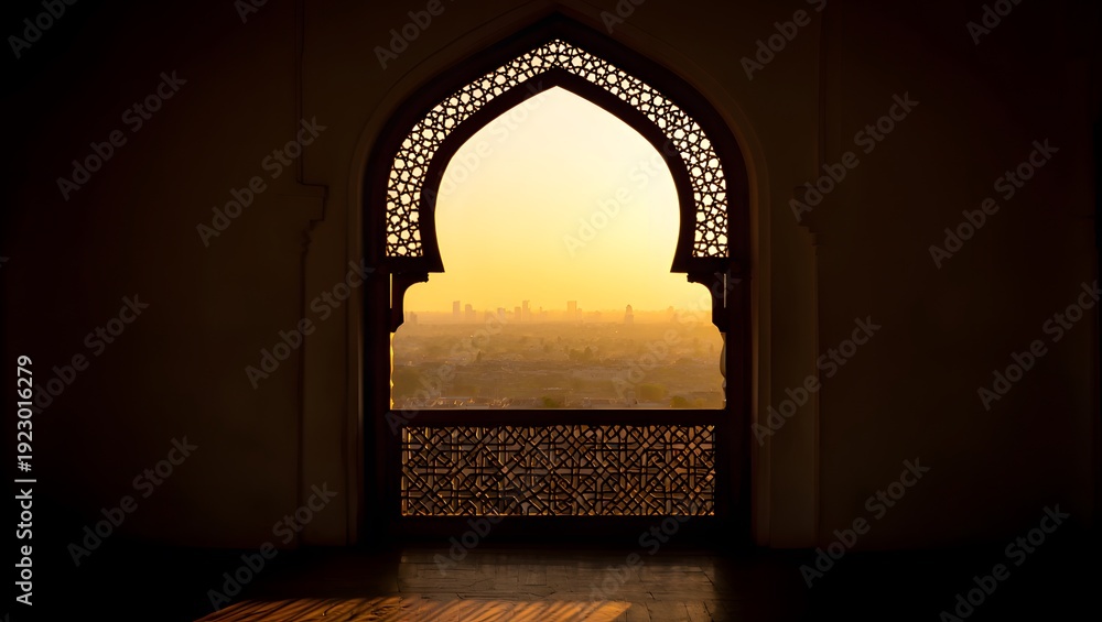 Fototapeta premium View through a traditional Islamic archway at sunset, framing a hazy cityscape with warm golden light and intricate geometric patterns.