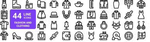 Set of 44 thin line fashion and clothing icons. Apparel, accessories, wardrobe items. Outline vector illustration pack for web and digital design