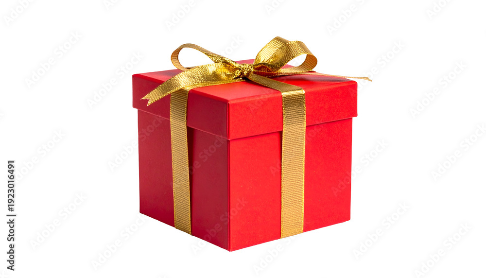 Fototapeta premium Red gift box with gold ribbon tied in a bow, set against a transparent background