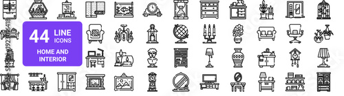 Set of 44 thin line home interior icons. Furniture, decor, plants. Outline vector illustration for web and UI design