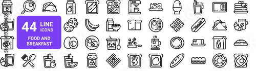 Set of 44 thin line food and breakfast icons. Cookie, strawberry, coffee, pancake, donut, sandwich. Outline vector illustration pack for web and UI design