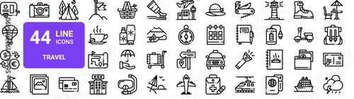 Set of 44 thin line travel icons. Includes transportation, luggage, vacation, tourism symbols. Outline vector illustration for web and mobile design