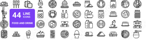 Set of 44 thin line food and drink icons. Breakfast, desserts, seafood, snacks. Vector illustration pack with editable stroke for web and apps
