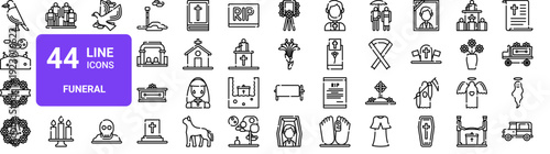 Set of 44 thin line funeral and memorial icons. Crow, graveyard, wreath, coffin, cemetery, church, grave. Outline vector illustration pack